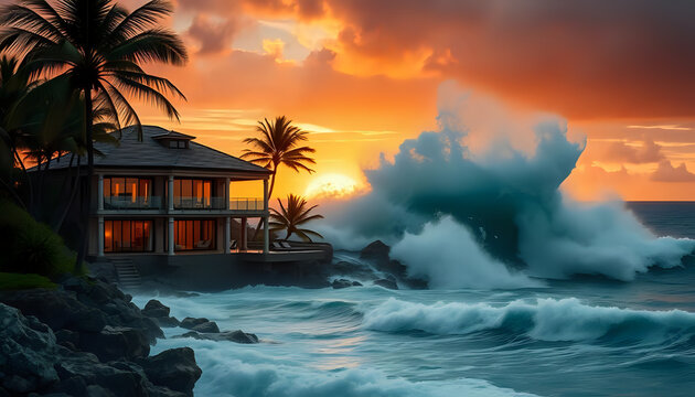 Oceanfront property with crashing waves and a vibrant sunset sky in a tropical paradise view