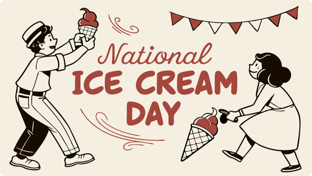 A retro illustration celebrates national ice cream day with a man and woman enjoying ice cream cones - Powered by Adobe