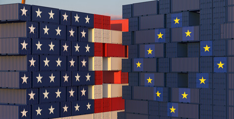 Stacks of Containers in the seaport stacked in the shape of the US flag and opposite in the shape of the flag of UE