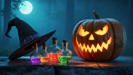 Halloween Pumpkin 2025 witchcraft scene with jack o lantern and potions 2025