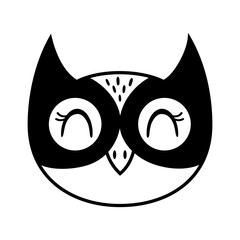 Obraz premium Cute owl face, black and white isolated cartoon doodle. Woodland bird hand drawn vector illustration in flat style