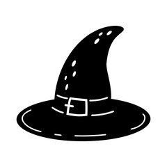 Black witch hat doodle. Spooky Halloween festive object. Hand drawn vector illustration in flat style