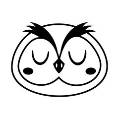 Cute owl face, black and white isolated cartoon doodle. Woodland bird hand drawn vector illustration in flat style
