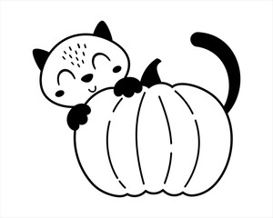 Black and white cute cat and pumpkin clipart. Halloween doodle, hand drawn vector illustration in flat style
