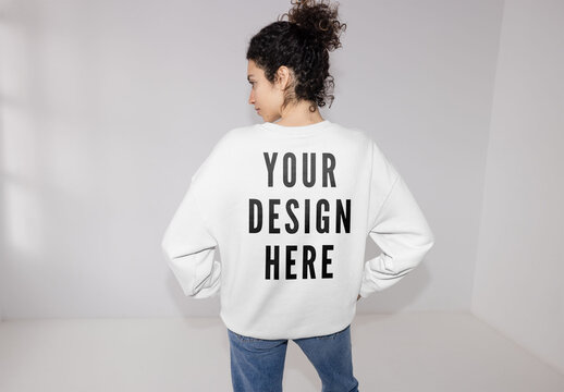 Mockup Of Woman In Customized Sweatshirt, Rear View