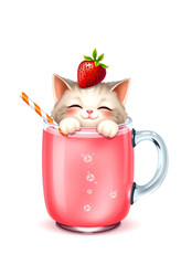 Whimsical Kitten in a Strawberry Sip
