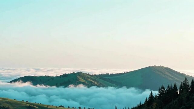 Rolling green hills emerge from a blanket of lowlying clouds under a soft diffused sky