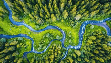 A wide aerial view of the river winding through dense pine forests, with distant hills in soft focus. The scene is bathed in natural light