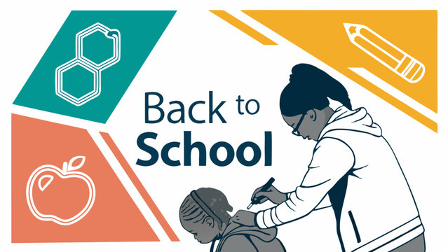 A teacher helps a young student prepare for the new school year