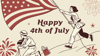 Happy 4th of july illustration featuring a man and woman celebrating with an american flag and fireworks