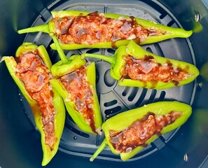 Stuffed bell peppers, stuffed capsicum, minced pork, pork stuffed peppers, Thai food, Chinese food, Asian food, home cooking, comfort food, delicious, savory, appetizing, healthy, homemade, main cours