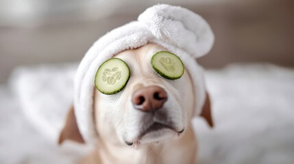 A dog with a cucumber eye mask and a towel on his head relaxes during a spa treatment. Pampered canine enjoys a refreshing facial treatment a tranquil moment of self care.