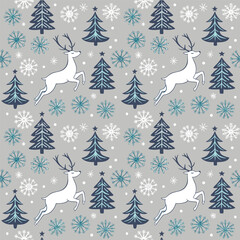 Obraz premium Seamless Christmas Pattern with Snowflakes, Reindeer, and Trees in Icy Blue and Silver
