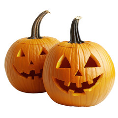 Fototapeta premium Two Jack o lanterns from pumpkins for Halloween isolated on transparent background.