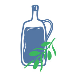 Hand drawn bottle olive oil in doodle style. Mediterranean summer сoastal element for italian menu, wedding, print, invitation. Ink sketch olive design of Amalfi beach. Flat minimal vector illustratio