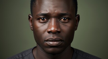 Portrait of a pensive young man against a muted green backdrop. A serious expression conveys contemplation or introspection.