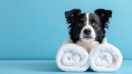 Border collie dog summer. Puppy relaxing spa wrapped with a white towel. Isolated on blue pastel background. Adorable canine enjoying tranquil spa treatment a fluffy friend wrapped in soft