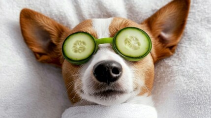 Black and tan dachshund dog in wellness spa with cucumber on eyes covered with a towel. Pampered canine enjoys relaxing treatment a rejuvenating spa experience for a dachshund pet