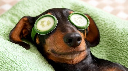 Cute airedale terrier dog enjoying spa day in face mask cucumber patches. Pampered canine receives luxurious facial treatment a relaxing wellness experience for a happy furry friend