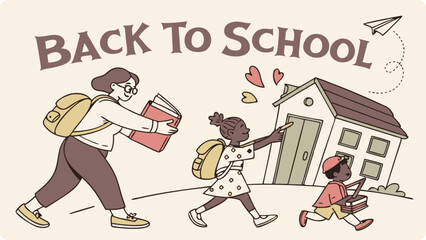 Obraz premium A teacher and two children walk happily to school carrying backpacks and books