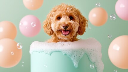Cute Golden Doodle dog in a small bathtub with soap foam and bubbles cute pastel colors. Adorable puppy enjoys a bubbly bath a fluffy canine luxuriates in a tiny tub pastel hues