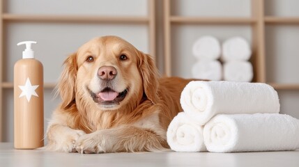 Dog spa concept. Happy dog relaxing. Pampered canine sanctuary a haven of tranquility for your furry friend offering ultimate comfort and rejuvenation through specialized care.