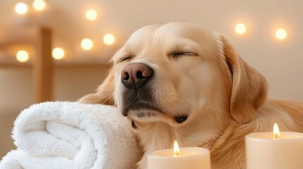 Dog spa concept. Happy dog relaxing. Pampered canine sanctuary a haven of tranquility for your furry friend offering ultimate comfort and rejuvenation through specialized care.
