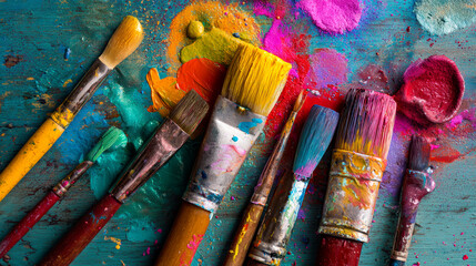 Fototapeta premium Colorful Paint Brushes and Splashes on Wooden Table Surface