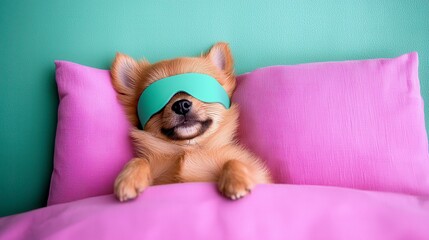 Funny and cute pomeranian puppy dog in a sleep mask is laying on back on pillows under the blankets with the claws protruding out of it. Adorable fluffy doggo naps peacefully tiny paws
