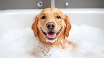 Joyful golden retriever dog in bathtub full of soap foam. AI generative. Happy canine enjoying bubbly bath a fluffy friend luxuriates in sudsy water a delightful image created using