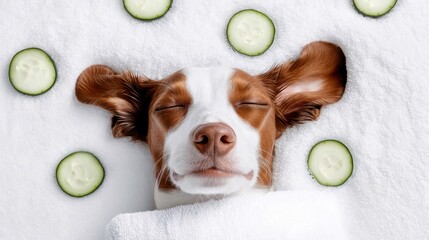 Pampered pup enjoys a relaxing day at the doggy spa with cucumbers and bubbles. A canine companion receives luxurious treatment a tranquil haven of rejuvenation featuring refreshing