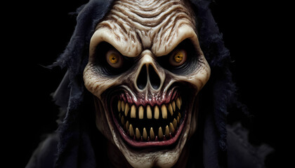 Close up of creepy hooded skeletal face with yellow eyes