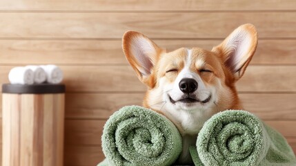 Relaxed Corgi dog at pet spa. Pampered canine enjoying a luxurious grooming session at a canine wellness center.