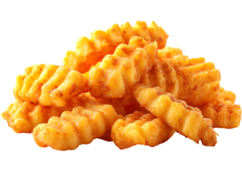 Golden crispy crinkle cut french fries delicious snack food,On Transparent Background, Isolated on white