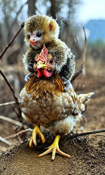tiny monkey riding on a chicken's back, cute pygmy marmoset and a hen,  funny animal pair with monkey on a chicken. 
