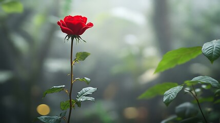 Obraz premium A single red rose standing tall in a misty garden with a blurred background of green leaves