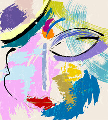 abstract colorful background, illustration with lines, waves, circles, paint strokes and splashes, face or mask