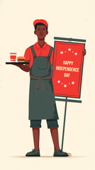 Waiter serves tray with festive food under Happy Independence Day banner