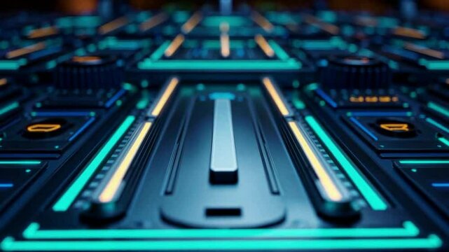 Futuristic control panel with illuminated buttons and sliders in blue and orange hues