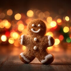 A gingerbread man cookie sits against a blurry background of warm Christmas lights. Perfect for winter holidays and cozy coffee breaks. 