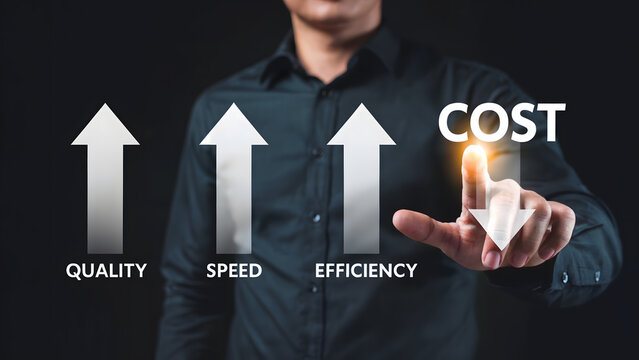 A businessman strategically manages cost reduction while enhancing quality speed and efficiency improving business performance and optimizing resources for maximum profit.