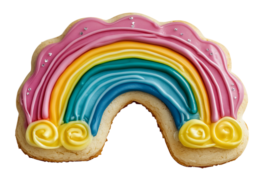 High-resolution rainbow-glazed sugar cookie isolated on transparent background PNG cutout — vibrant bakery treat ideal for festive dessert graphics, holiday menus, and creative digital design projects
