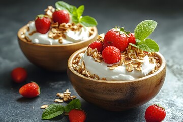 Fresh Strawberry and Granola Breakfast Delight in Wooden Bowls