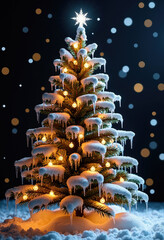 A magical Christmas tree covered in heavy snow and glowing lights, with a shining star on top against a dark winter night with beautiful, festive bokeh effects.
