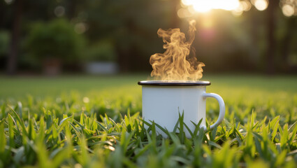 Hot Coffee Steaming in Enamel Mug on Cool Early Morning Grass