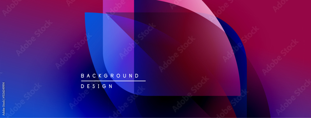 Poster Abstract background features overlapping shapes, vibrant purple, blue hues. Modern design elements create dynamic visual effect.