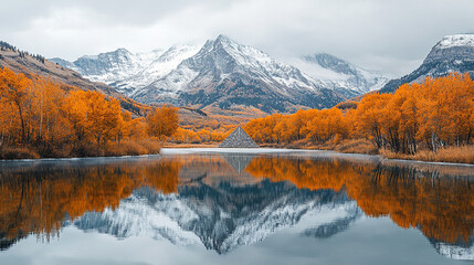 A sleek mirrored pyramid rises in a snowy mountain setting. Futuristic and surreal, it reflects sky and peaks, evoking mystery, stillness, and conceptual design with side caption space.

