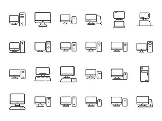 Bundle of 24 Desktop Computer Silhouette Icons in Minimal Line Style on White Background – PC, Monitor, CPU, and Workstation Technology Symbols

