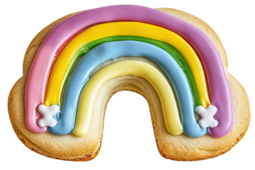 High-resolution rainbow-glazed sugar cookie isolated on transparent background PNG cutout — vibrant bakery treat ideal for festive dessert graphics, holiday menus, and creative digital design projects