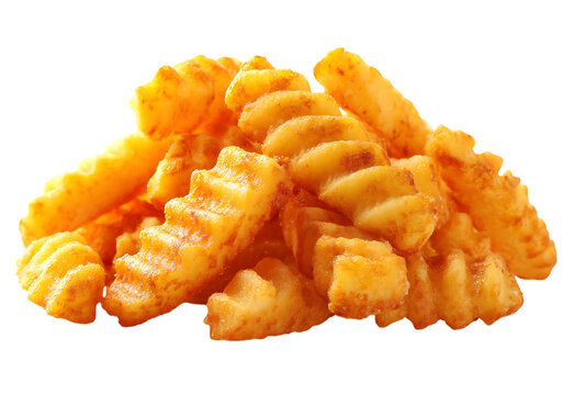 Golden crispy crinkle cut french fries potato snack food,On Transparent Background, Isolated on white